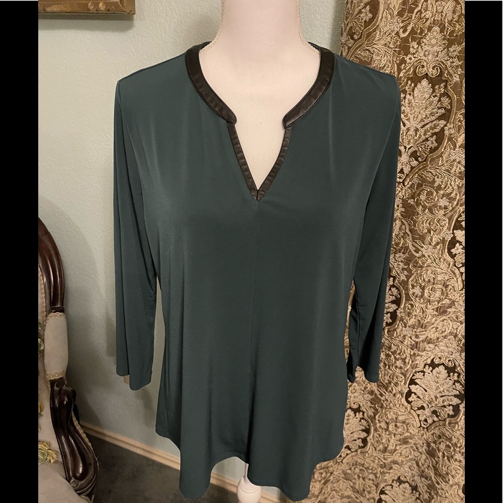 41 Hawthorn green with black faux leather trim V neck long sleeve shirt.